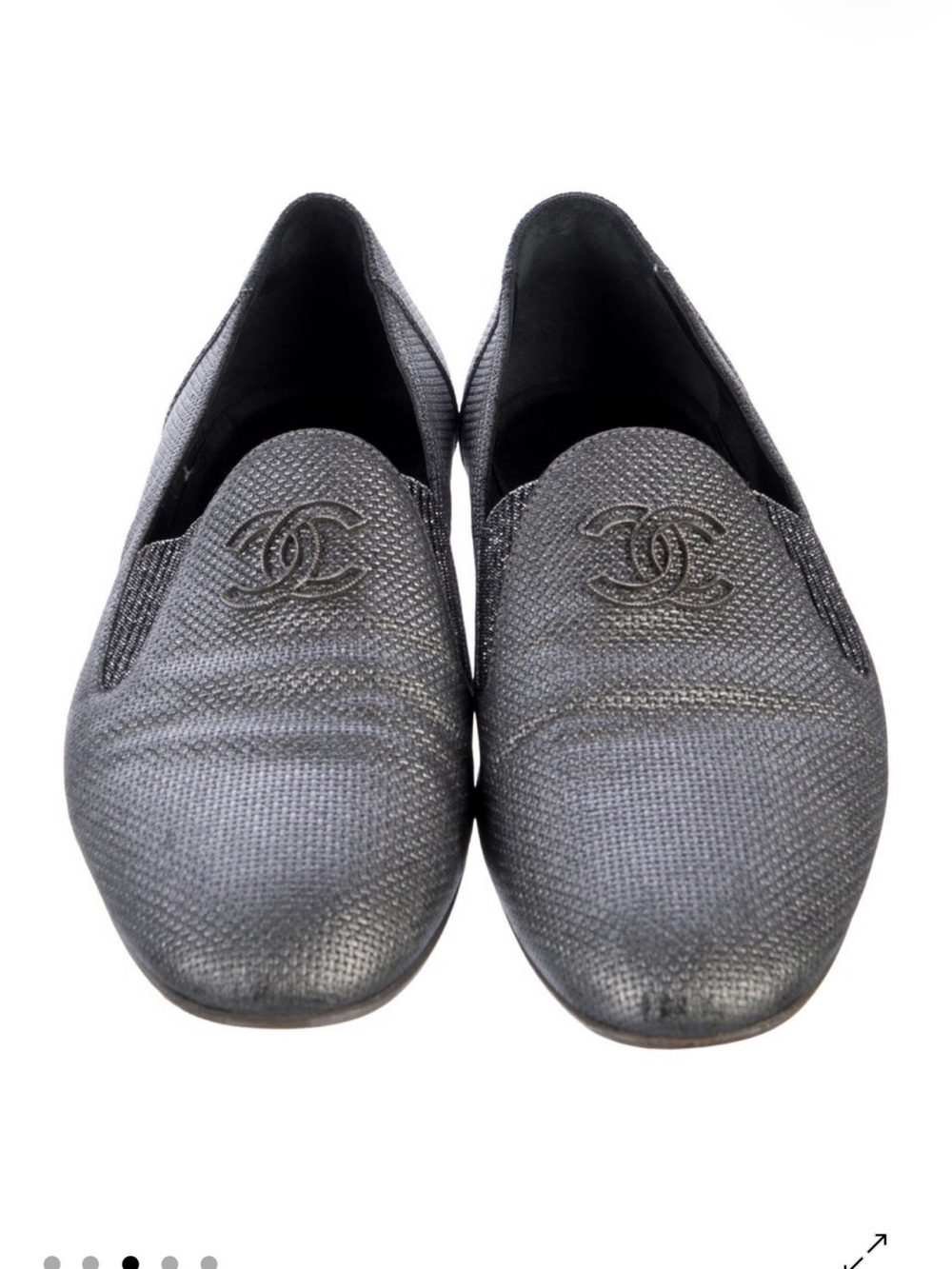 CHANEL silve Textured Leather Slip-On Loafers with CC Logo